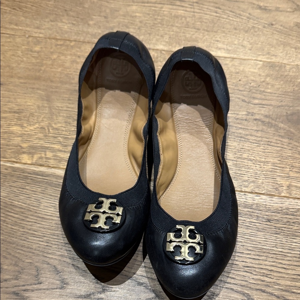 Tory Burch Black Leather Flats with Gold Logo